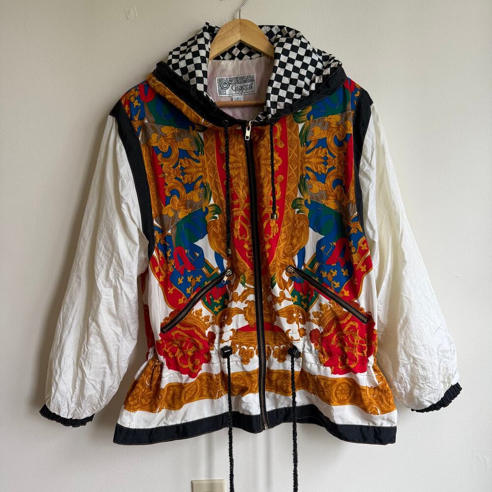 80's Vintage Giacca Sport Women's Oversized Windbreaker Baroque Checkered Size M